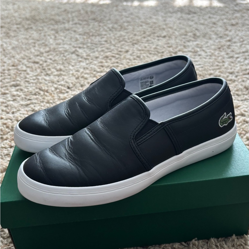 Women’s Lacoste Black Leather Slip-On Sneakers with White Sole